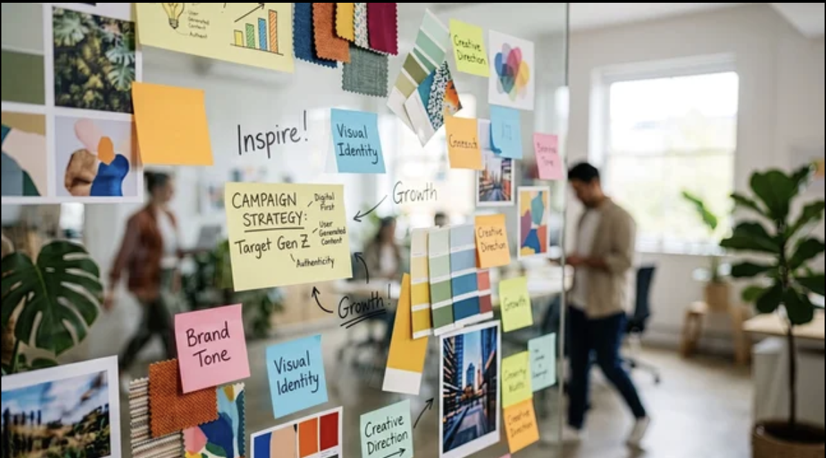 A creative team's moodboard wall covered in sticky notes, color swatches and campaign ideas